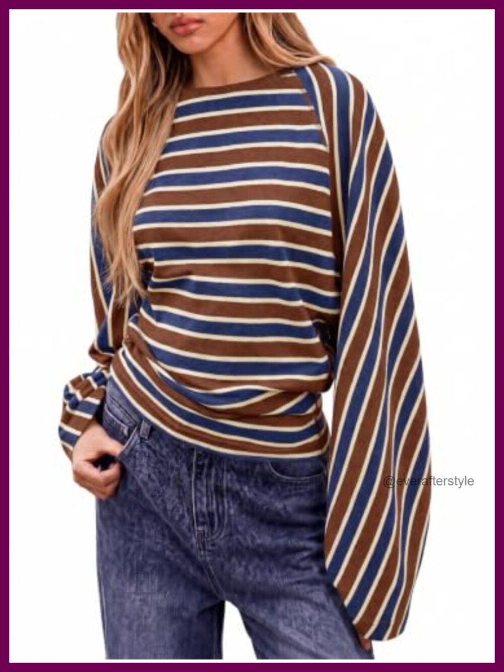 Womens Long Bell Sleeve Striped T-Shirt Loose Fit Casual Y2K Top
